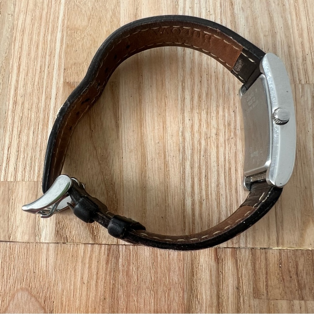 Bulova rectangular silver tone brown leather watc… - image 7